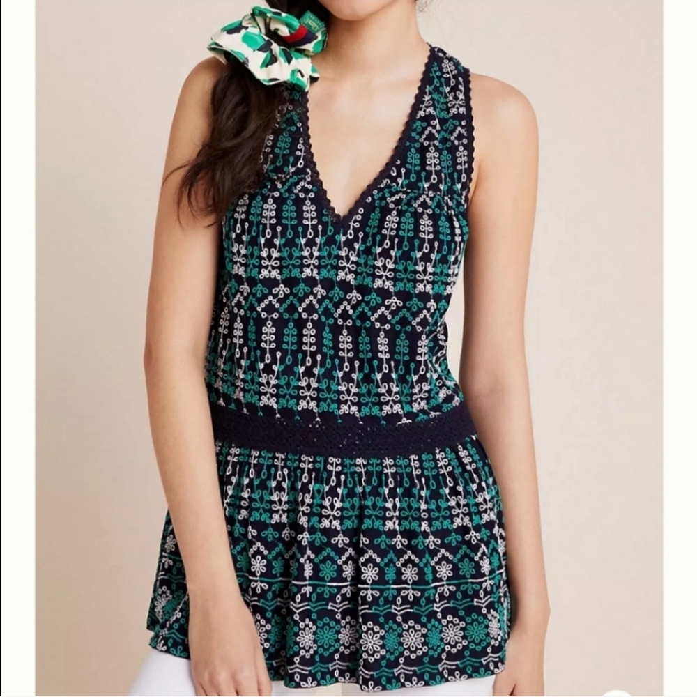 Anthropologie Maeve Embroidered Tank Top Navy Blue & Green Size Small Petite